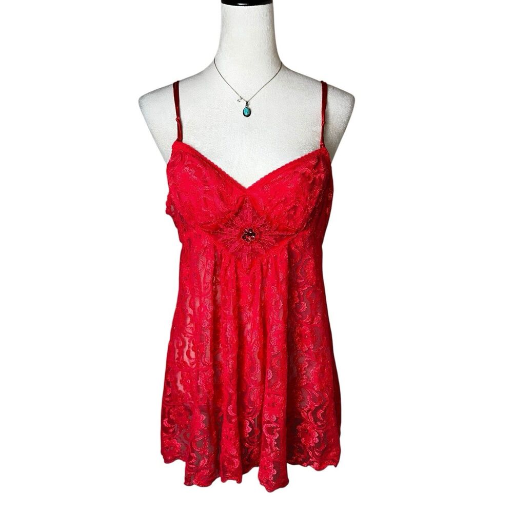 Vintage Y2K Red Lace Sequin Babydoll Tank Lingerie Sheer Slip Chemise Large